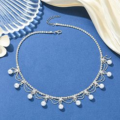 Platino Collares de tenis de latón con cristales y diamantes de imitación, Collares de borlas de perlas redondas de plástico blanco para mujer, blanco, Platino, 17.44 pulgada (44.3 cm)