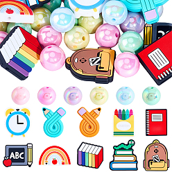 Mixed Shapes 10 шт. 10 стили школьной тематики, силиконовые фокусные бусины, с 50шт. непрозрачных акриловых бусин, разнообразные, 19~30.5x23~31x6.5~8 мм, отверстие : 2 мм