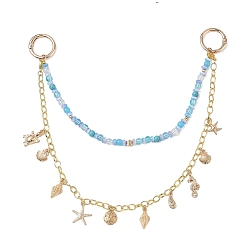 Golden Alloy Sea Animals Charm Glass & Synthetic Turquoise Beaded Double Layer Brass Bag Decorative Chains, with Spring Gate Rings, Deep Sky Blue, Golden, 310mm