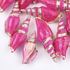 Темно-Розовый Окрашенные распылением и гальванические спиральные оболочки большие подвески, с железной фурнитурой, золотой свет, темно-розовыми, 53~80x23~28x16~20 мм, отверстие : 1.5 мм