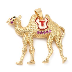 Deep Pink Rack Plating Brass Micro Pave Cubic Zirconia Pendants, Real 18K Gold Plated, with Enamel Long-Lasting Plated, Cadmium Free & Lead Free, Camel, Deep Pink, 29~30x33x5mm, Hole: 3.5x5.5mm