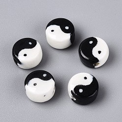 Negro Cuentas de porcelana hechas a mano, pintado a mano, famille porcelana rosa, yin-yang, negro, 10.5x6.5~7 mm, agujero: 1.8~2 mm