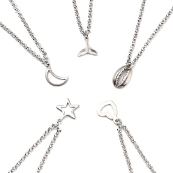 Stainless Steel Color Tarnish Resistant 304 Stainless Steel Pendant Anklets, with Rolo Chains, Mixed Shapes, Stainless Steel Color, 10 inch(25.5cm)