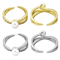 Platinum & Light Gold 4 шт. 2 цвета латуни микропаве кубический цирконий регулируемые манжеты открытые кольца, с имитацией жемчуга, платина и светлое золото, внутренний диаметр: регулируемый, 2 шт / цвет