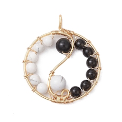 Light Gold Подвески из натурального обсидиана и говлита, амулеты инь-ян из медной проволоки, золотой свет, 35.5x31x6 мм, отверстие : 3 мм