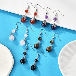 Смешанные камни Болтаться серьги природный драгоценный камень, с железной крышки шарика и латунь серьги крючки, платина, , 47 мм , штифт: 0.7 мм