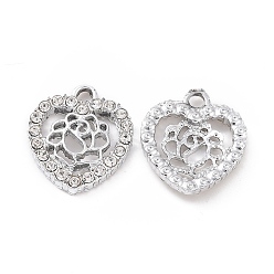 Кристалл Прелести сплава Rhinestone, сердце платинового тона с цветком, кристалл, 15x13.5x2.5 мм, отверстие : 1.6 мм