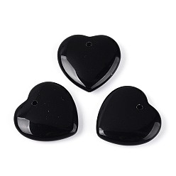 Обсидиан Натуральный черный обсидиан подвески, сердце прелести, 33.5~34.5x34.5~35x9~10 мм, отверстие : 2.2~2.8 мм