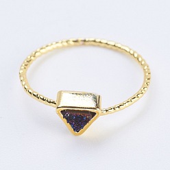 Rainbow Plated Natural Druzy Agate Finger Rings, with Brass Findings, Triangle, Golden, Rainbow Plated, US Size 4 1/4(15mm)
