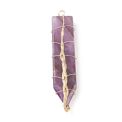 Amethyst Natural Amethyst Big Pendants, with Light Gold Tone Copper Wire Wrapped, Sword, 61~63x13.5~15x7.5~8mm, Hole: 3.5mm