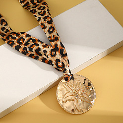 Плоский Круглый Шарфы-колье с леопардовым принтом из ткани с подвеской из сплава, золотые, песчаный коричневый, плоско-круглые, 39.37 дюйм (100 см), Кулон : 60x60 мм