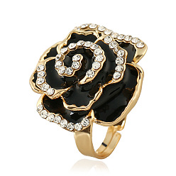 Черный Регулируемые кольца на палец из сплава со стразами для женщин, цветок розы, с эмалью, золотые, чёрные, 27 мм, внутренний диаметр: 16 мм