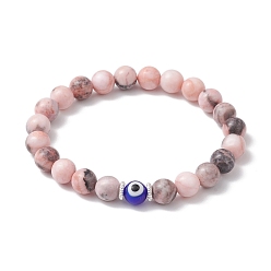 Zebra Jasper 8mm Round Natural Pink Zebra Jasper Stretch Bracelets, Handmade Evil Eye Lampwork Bracelets for Women Men, Inner Diameter: 2-3/8 inch(6cm)