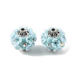 Sky Blue Handmade Polymer Clay Indonesia Beads, with Alloy & Resin & Crystal AB Rhinestone, Round with Flower, Antique Silver, Sky Blue, 17.5x16.5mm, Hole: 2mm