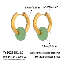 Green Aventurine 304 Stainless Steel Hoop Earrings with Natural Green Aventurine Stone, Huggie Earrings for Women, Real 18K Gold Plated, 29x24mm