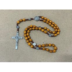 Cross Wood Rosary Bead Necklaces, Religion Alloy Pendant Necklaces, Antique Silver, Camel, Jesus Cross, 27.56 inch(70cm)