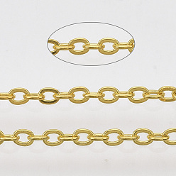 Oro Cadenas portacables de hierro recubiertas de latón, soldada, con carrete, Plano Oval, dorado, 2.2x1.7x0.3 mm, aproximadamente 39.37 pies (12 m) / rollo