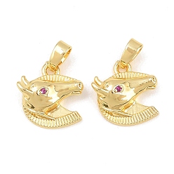 Настоящее золото 18K Подвески из латуни с микропейвом и темно-розовыми фианитами, прелести голова лошади, реальный 18 k позолоченный, 13x12.5x4.5 мм, отверстие : 5.5x2.5 мм