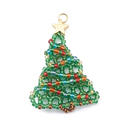 Grün Weihnachtsbäume form anhänger, mit Glasperlen, Messingperlen und 304 Edelstahl-Sprungringe, grün, 53x33x4.5 mm, Bohrung: 3.5 mm