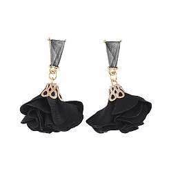 Black Alloy Dangle Ear Studs, with Handmade Cloth Pendant, Plastic Ear Nuts, Flower, Black, 43mm, Pin: 0.7mm