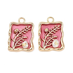 Светло-Вишневый Латунная эмаль и натуральный жемчуг прямоугольник с подвесками-цветами, реальный 18 k позолоченный, светло-вишневый, 31.5x22.5x5.5 мм, отверстие : 3.5 мм