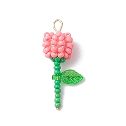 Pink Круглый стеклянный бисер класса А акриловые цветочные подвески, 304 Штифты с плоской головкой из нержавеющей стали, розовые, 28.5x13x10 мм, отверстие : 3 мм