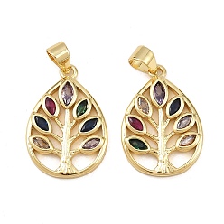 Настоящее золото 18K Латунные разноцветные подвески из кубического циркония, слеза с подвесками в виде деревьев, без свинца и без кадмия, долговечный, стойки покрытие, реальный 18 k позолоченный, 22x15.5x2 мм, отверстие : 4.5x4 мм