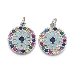 Real Platinum Plated Brass Micro Pave Colorful Cubic Zirconia Pendants, with Enamel and Jump Rings, Long-Lasting Plated, Flat Round with Flower, Real Platinum Plated, 19x16x2.5mm, Hole: 3mm