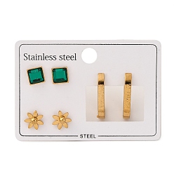 Золотой 304 комплект из сережек-гвоздиков и колец из нержавеющей стали для женщин, со стразами, цветок и квадрат, золотые, 7x7 мм