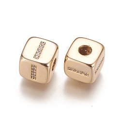 Letter I Brass Micro Pave Cubic Zirconia Beads, Horizontal Hole, Real 18K Gold Plated, Long-Lasting Plated, Cube with Letter, Clear, Letter.I, 9x9x9mm, Hole: 3.5mm