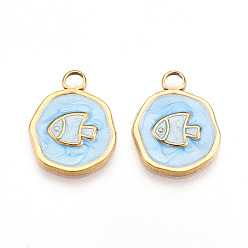 Светло-Голубой 304 подвески из нержавеющей стали, с эмалью, плоский круглый с рыбными чарами, ионное покрытие (ip), реальный 18 k позолоченный, Небесно-голубой, 16.5x13x2 мм, отверстие : 2.5 мм