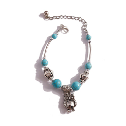 Antique Silver Owl Alloy Charm Bracelets, Synthetic Turquoise Beaded Bracelets for Women, Antique Silver, 7-1/8 inch(18cm)