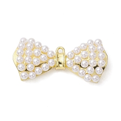 Real 18K Gold Plated Rack Plating Brass Pendants, with Plastic Pearl Beads, Long-Lasting Plated, Lead Free & Cadmium Free, Bowknot, Real 18K Gold Plated, 14x29.5x3mm, Hole: 1.4mm