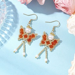 Оранжевый Серьги-подвески в виде бабочки, биконусные стеклянные бусины, снежинки, с разделительными бусинами из сплава, латунными штифтами с шаровидной головкой, экологически чистыми круглыми бусинами из окрашенного стекла и 304 серьгами-крючками из нержавеющей стали, золотые, оранжевые, 62x22 мм