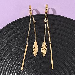 Настоящее золото 18K Серьги из 304 нержавеющей стали, лист с палкой, ионное покрытие (ip), реальный 18 k позолоченный, 81x13.5 мм