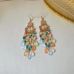 Разноцветный Серьги-люстры из акрила и сплава, слеза, золотые, красочный, 110x25 мм