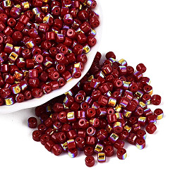 Dark Red FGB Opaque Colours Glass Seed Beads, Rainbow Plated, Round Hole, Barrel, Dark Red, 4x3.5mm, Hole: 0.9~1mm, about 3750pcs/pound