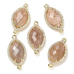 Солнечный Камень Подвески-коннекторы в виде конского глаза из натурального солнечного камня, покрытие стойки латунное микропаве прозрачные звенья кубического циркония, золотые, 26.5~27x14x5 мм, отверстие : 1.6 мм