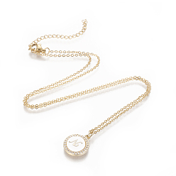 Letter N Brass Initial Pendant Necklaces, with Shell, Cubic Zirconia and 304 Stainless Steel Cable Chains, Flat Round with Letter, Letter.N, 17.5 inch(44.5cm), 1.5mm