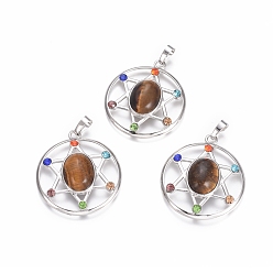Тигровый глаз Стиль чакр, природных тигровый глаз подвески, с платиновым тоном латуни и горный хрусталь, плоские круглые со звездой, 38.5x34x8.5 мм, отверстие : 7x4 мм