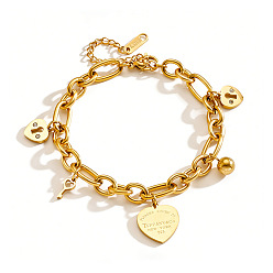 Golden 304 Stainless Steel Heart Lock Charm Figaro Chain Bracelets for Women, Golden, 7.48 inch(19cm)