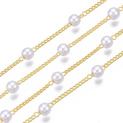 Golden Handmade Brass Chains, with Round ABS Plastic Imitation Pearl Beads, Soldered, with Spool, Creamy White, Golden, 1.5mm, beads: 4mm, about 32.817 Feet(10m)/roll