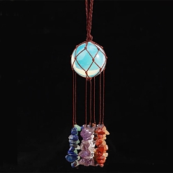 Opalite Round Opalite Pouch Pendant Decorations, Braided Thread and Gemstone Chip Tassel Hanging Ornaments, 210x30mm