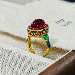 Red Corundum Овальные кольца из красного корунда, выращенного в лаборатории, латунные эмалевые регулируемые кольца для женщин, внутренний диаметр: 17~19 мм