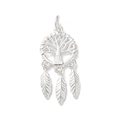 Tree of Life 925 стерлингов серебряные подвески, тканая паутина/сетка с подвесками из перьев и кольцами для прыжков, серебро , древо жизни, 17x12.5x1.6 мм, отверстие : 3.8 мм