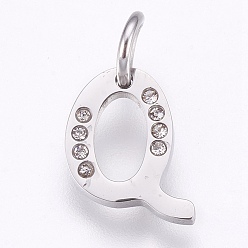 Letter Q 304 Edelstahl Anhänger, mit Strass, Buchstabe, letter.q, 11x8.5x1.5 mm, Bohrung: 4 mm