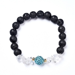 Аквамарин Стрейч браслеты, с бусинами из натуральной лавы и кристаллами кварца, латунные бусины и бусины для дискотек с паве из страз, аквамарин, внутренний диаметр: 2 дюйм (5.2 см)