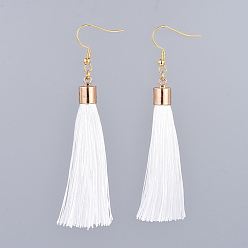 White Polyester Tassel Dangle Earrings, with 304 Stainless Steel Earring Hooks and Jump Rings, Golden, White, 78mm, pin: 0.7mm