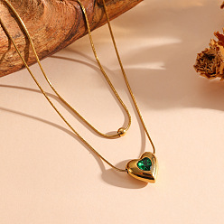 Heart 304 Stainless Steel Pave Dark Green Cubic Zirconia Heart Pendant Double Layer Necklaces for Women, Golden, Heart, 15.75 inch(40cm), Pendant: 14.5x14.2mm