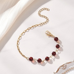 Золотой Браслеты из натуральных янтарных бусин., 304 женские браслеты-цепочки со скрепками из нержавеющей стали, круглые, темно-красный, золотые, 6.69 дюйм (17 см)